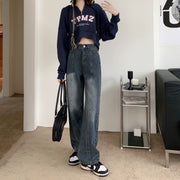 Retro Blue High Waist Wide Leg Women's Clothing Denim Pants