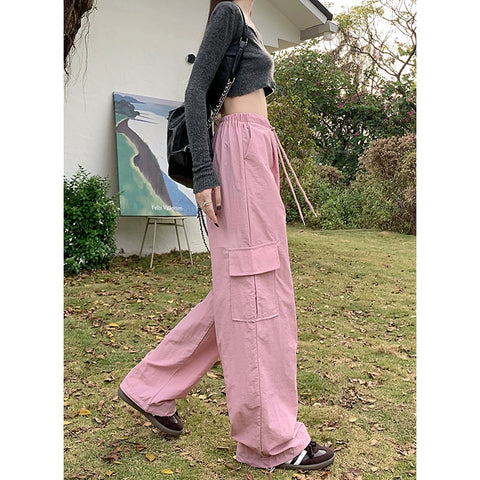 Retro Pure Color Spring High Waist Loose Long Pants Drawstring