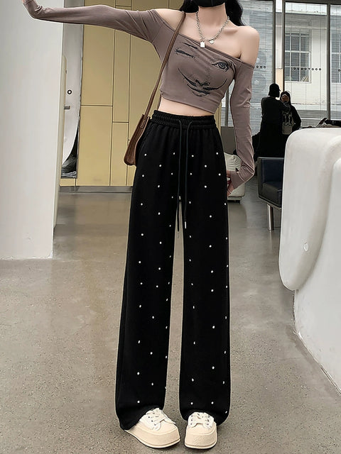 Fancy Exquisite Rhinestone Spring and Summer New Arrival Loose Pants