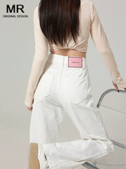 White Wide Leg High Waist Slim Looking Straight Drooping Denim