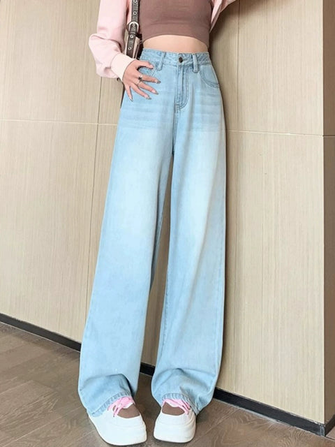 Light Blue Wide Leg Spring and Summer High Waist Straight-leg Denim