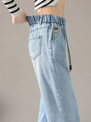 Spring Ninth Straight Elastic Waist Drape Denim