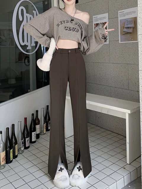 High Waist Drooping Slimming Slit Casual Pants Suit