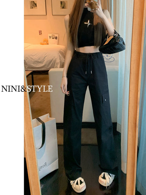 Black Spring & Fall High Waist Drooping Casual Sports Overalls