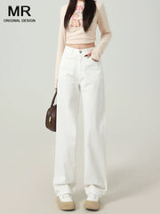 White Wide Leg High Waist Slim Looking Straight Drooping Denim