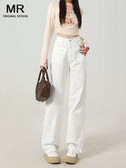 White Wide Leg High Waist Slim Looking Straight Drooping Denim