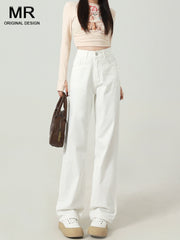 White Wide Leg High Waist Slim Looking Straight Drooping Denim