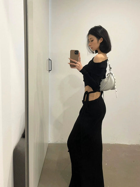 Sexy Style off-Shoulder High Waist Strap Knitted Long Sleeve