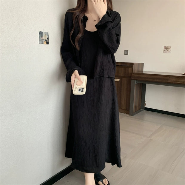 Two-piece Set Spring and Autumn Covering Belly Thin Loose-Fit Suspender Skirt