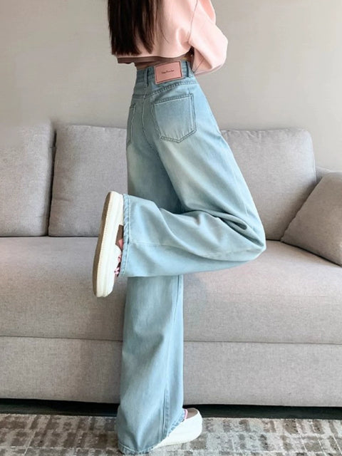 Light Blue Wide Leg Spring and Summer High Waist Straight-leg Denim