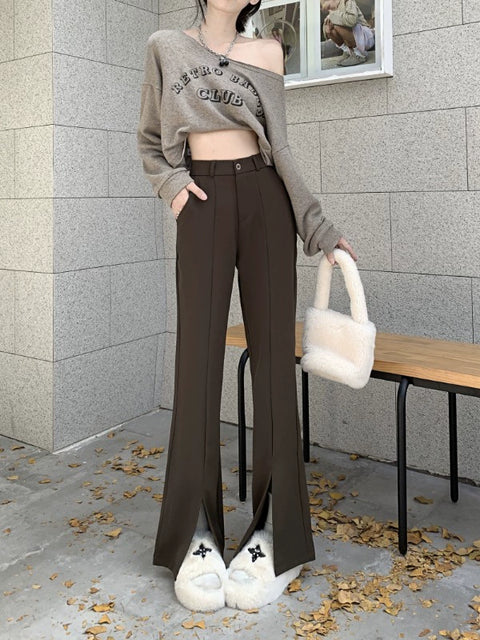 High Waist Drooping Slimming Slit Casual Pants Suit