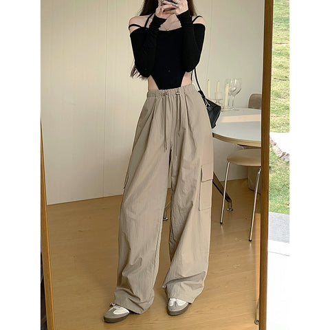 Retro Pure Color Spring High Waist Loose Long Pants Drawstring