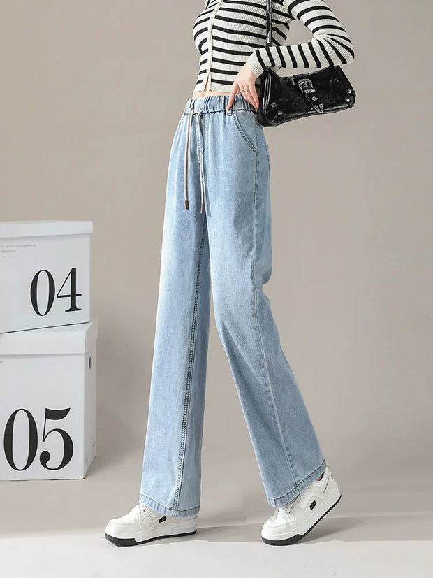 Spring Ninth Straight Elastic Waist Drape Denim