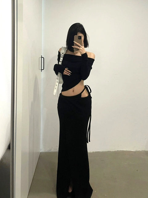 Sexy Style off-Shoulder High Waist Strap Knitted Long Sleeve