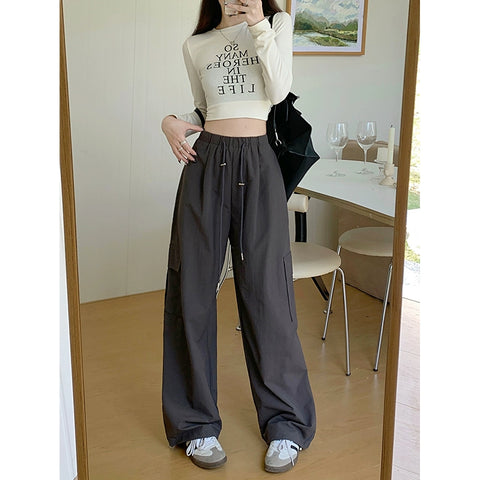 Retro Pure Color Spring High Waist Loose Long Pants Drawstring