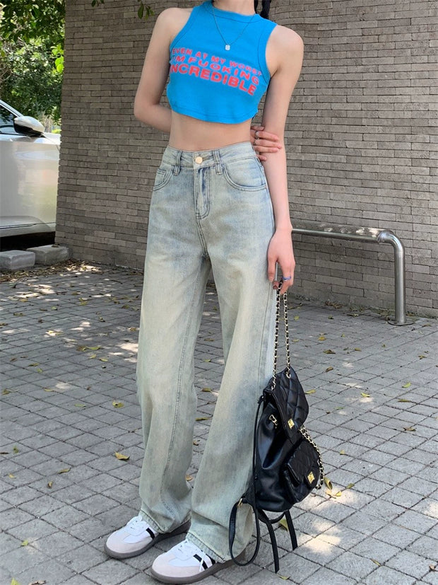 Blue Loose-Fitting Straight High Waist Mop Women's Jeans
