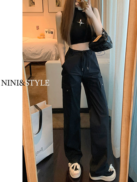 Black Spring & Fall High Waist Drooping Casual Sports Overalls