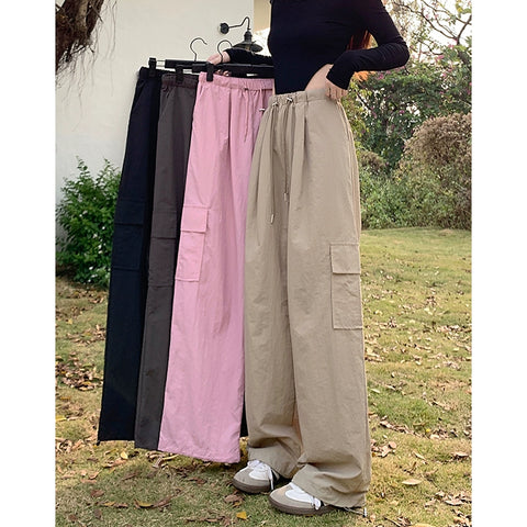 Retro Pure Color Spring High Waist Loose Long Pants Drawstring