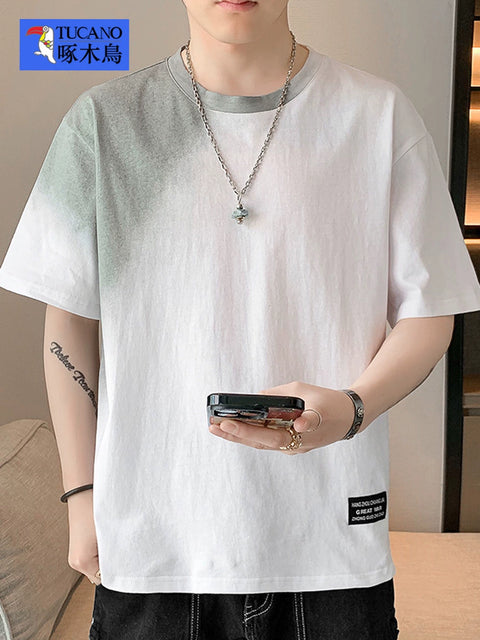 Woodpecker Pure Cotton Short Sleeve T-Shirt Men Summer 2024 New Arrival Trendy Loose Crew Neck Top Easiest for Match Bottoming Shirt