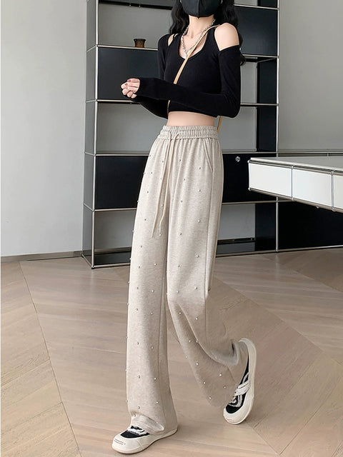 Fancy Exquisite Rhinestone Spring and Summer New Arrival Loose Pants