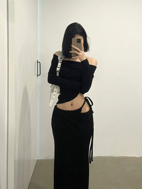 Sexy Style off-Shoulder High Waist Strap Knitted Long Sleeve