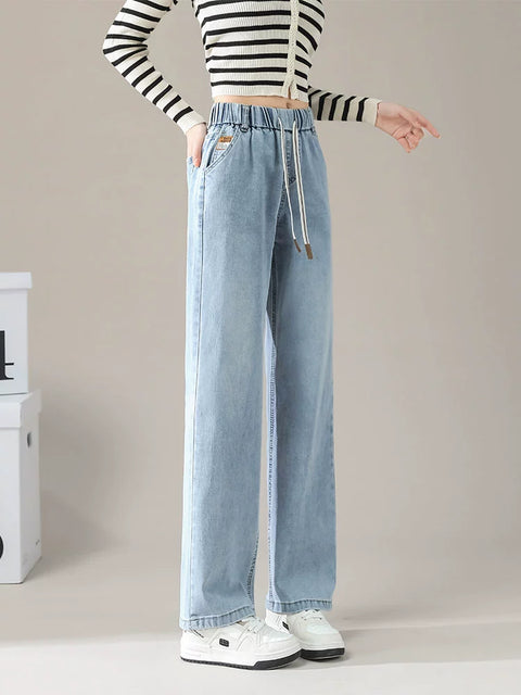 Spring Ninth Straight Elastic Waist Drape Denim