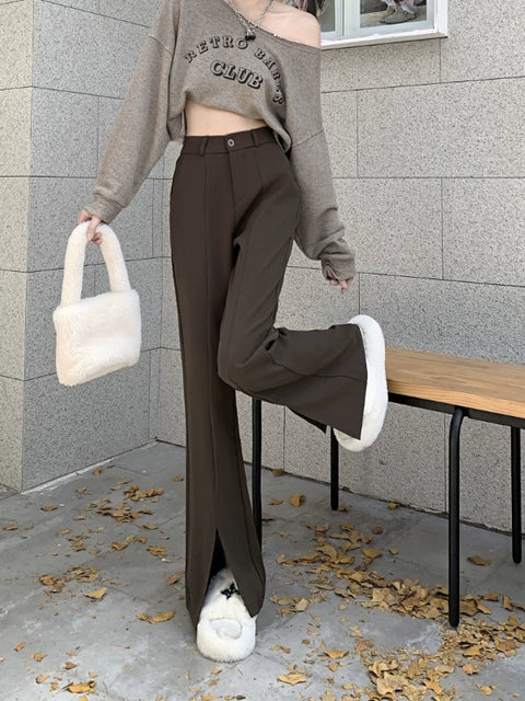 High Waist Drooping Slimming Slit Casual Pants Suit