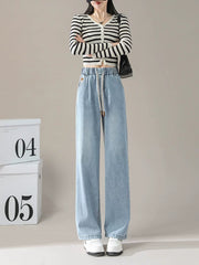 Spring Ninth Straight Elastic Waist Drape Denim