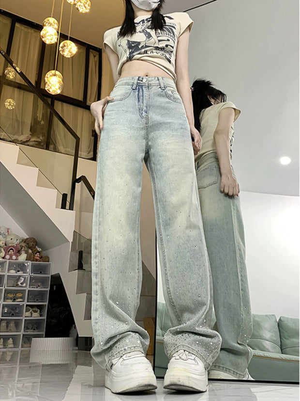 Straight-leg Fashion High Waist Niche Style Chic Long Pants Hot Drilling