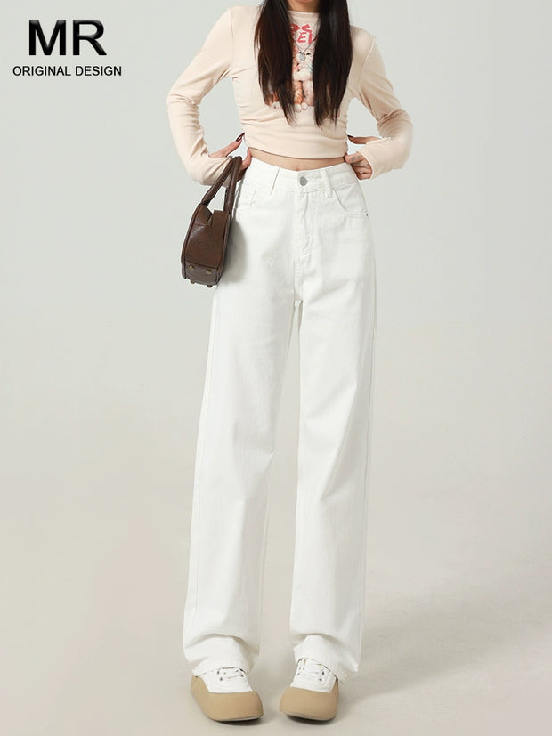 White Wide Leg High Waist Slim Looking Straight Drooping Denim