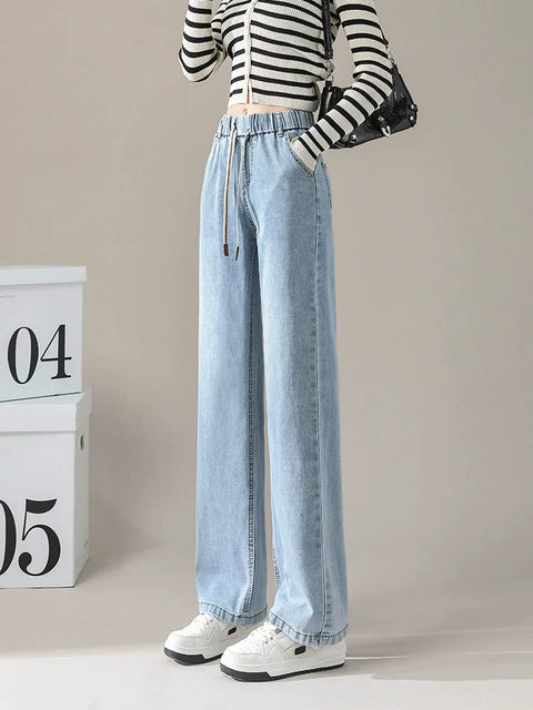 Spring Ninth Straight Elastic Waist Drape Denim