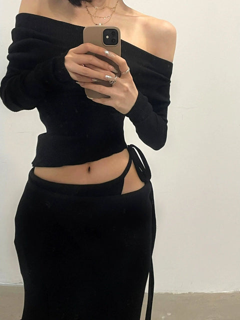 Sexy Style off-Shoulder High Waist Strap Knitted Long Sleeve