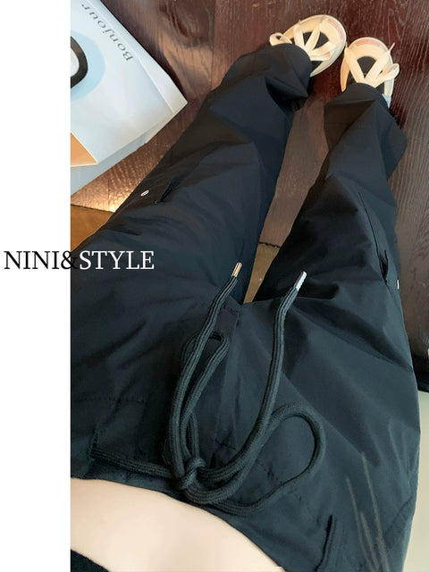 Black Spring & Fall High Waist Drooping Casual Sports Overalls