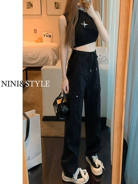 Black Spring & Fall High Waist Drooping Casual Sports Overalls