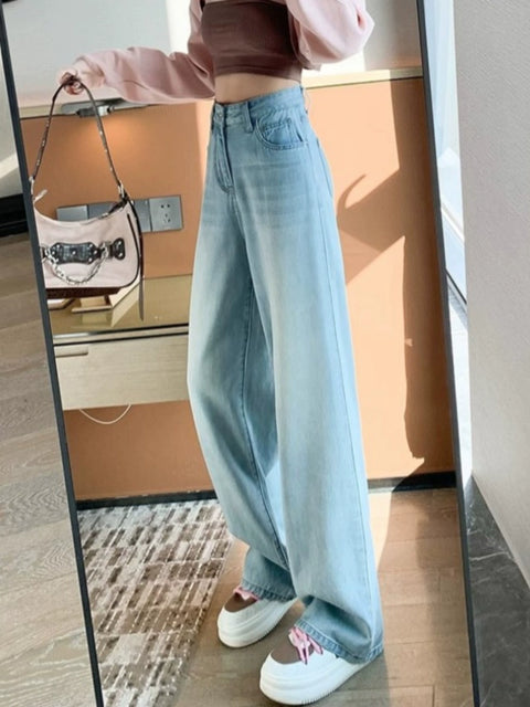 Light Blue Wide Leg Spring and Summer High Waist Straight-leg Denim