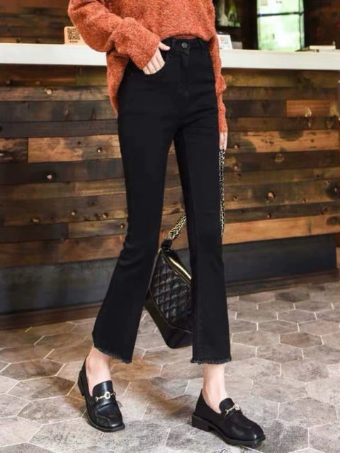 Black Best Selling Ankle-Length Frayed Hem Slightly Flared Jeans