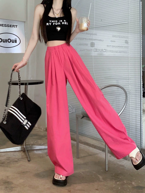 Rose Red Women's Clothing Sexy High Waist Loose Casual Pants