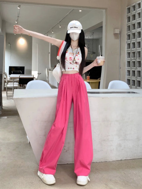 Rose Red Women's Clothing Sexy High Waist Loose Casual Pants