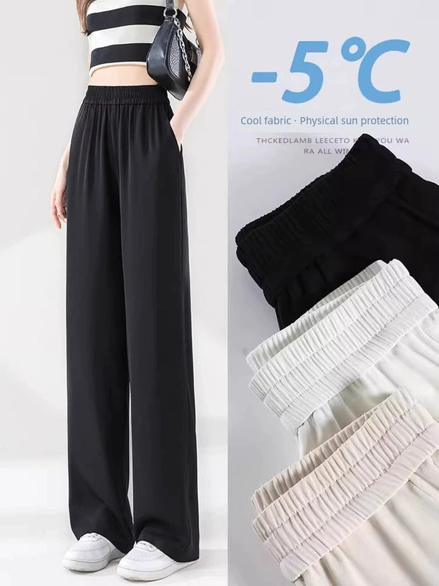 150.00kg Plus Size Ladies Extra Large Size Ice Silk Wide-Leg Pants Women's Summer Thin High Waist Elastic Straight Pear Shapes Pants