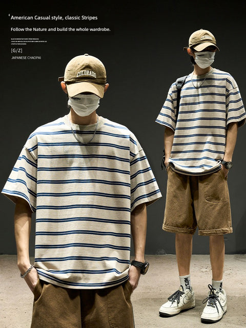 Trendy Stripes American Half-Sleeved Casual Hong Kong Style T-shirt