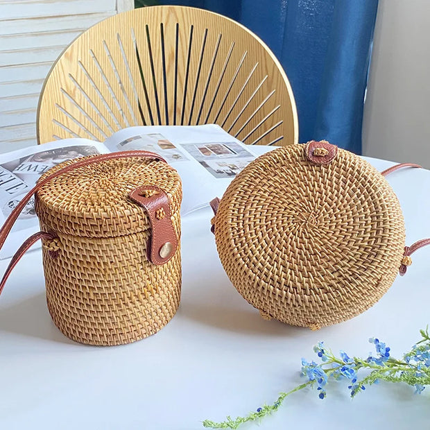 2023 New Summer Bali Round Rattan Bags For Women Boho Beach Crossbody Bag Straw Handmade Woven Circle Sac a Main Shoulder Bag