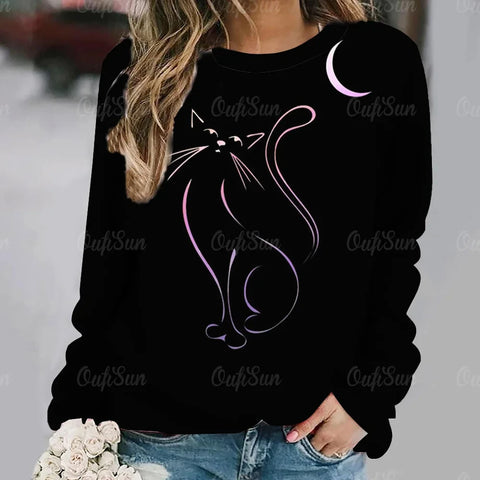 Women's T-Shirt Anime Cat Print Long Sleeve Tops Vintage Sweater Cotton O-Neck Y2k Ladies Clothing Oversized Street Pullover