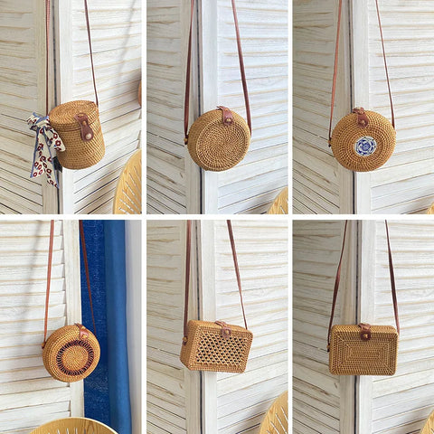 2023 New Summer Bali Round Rattan Bags For Women Boho Beach Crossbody Bag Straw Handmade Woven Circle Sac a Main Shoulder Bag