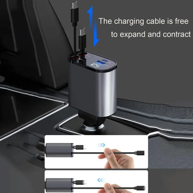 Car Lighter Adapter 4 In 1 Fast Charging Car Phone Charger With Retractable Cable 100W Fast Charging Multi Port Car Adapter Fit