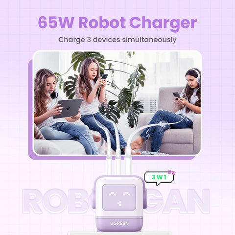 New！UGREEN 65W GaN Charger Robot Design Quick Charge 4.0 3.0 PPS for iPhone 15 14 13 Pro Macbook Laptop Tablet PD Fast Charger