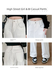 Women's Slim Pants White High-Waist Denim Wide-Leg Straight Pants 2024 New Arrival Small Slim Looking Mop Pants