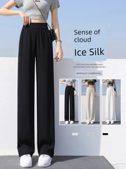 150.00kg Plus Size Ladies Extra Large Size Ice Silk Wide-Leg Pants Women's Summer Thin Cool Leather Casual Slimming and Straight Sun Protection Pants