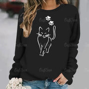 Women's T-Shirt Anime Cat Print Long Sleeve Tops Vintage Sweater Cotton O-Neck Y2k Ladies Clothing Oversized Street Pullover