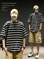 Trendy Stripes American Half-Sleeved Casual Hong Kong Style T-shirt