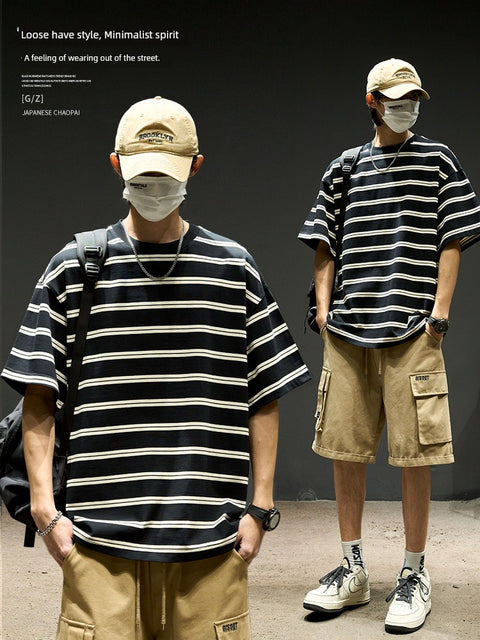 Trendy Stripes American Half-Sleeved Casual Hong Kong Style T-shirt